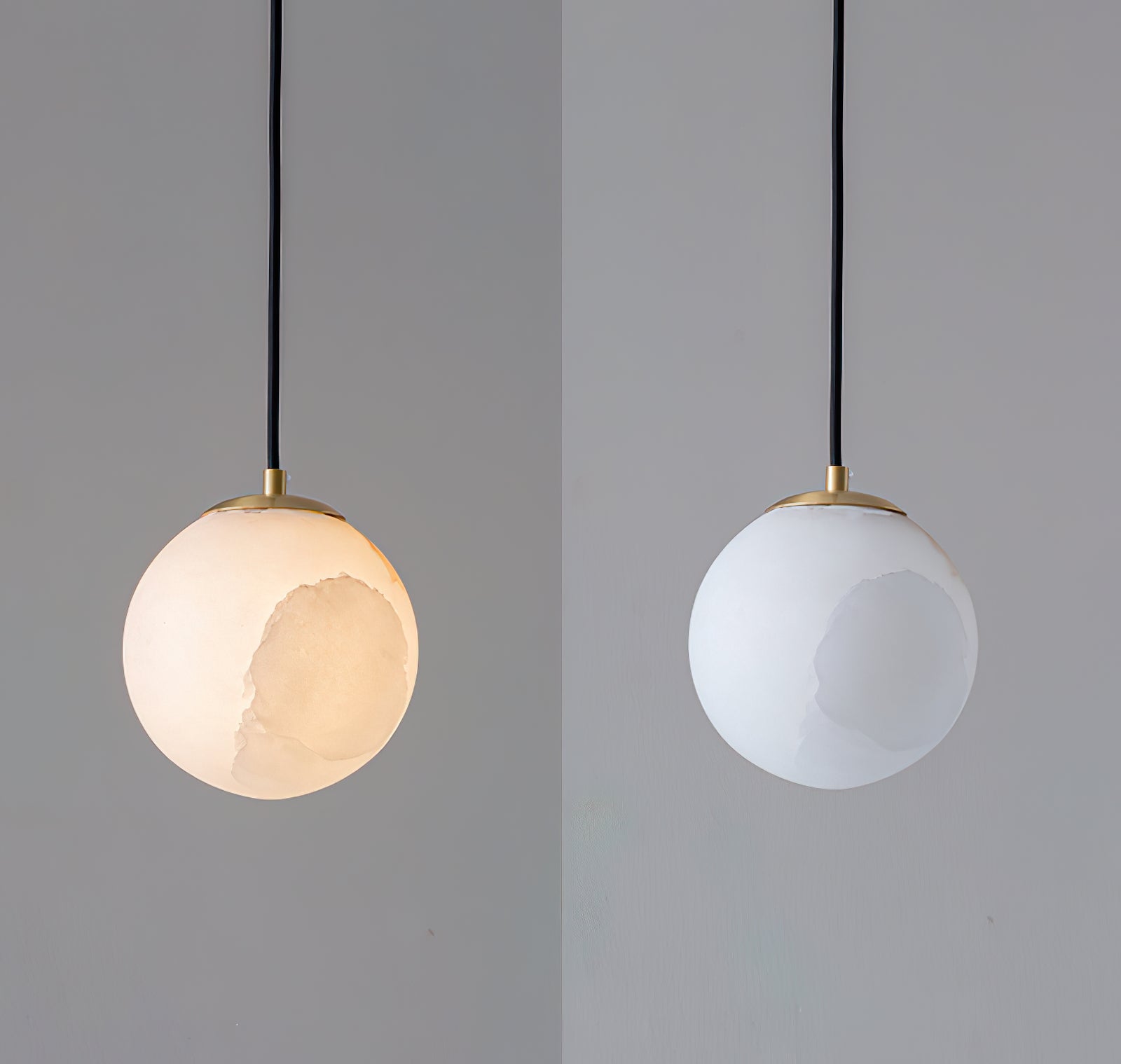 Illuminated and unlit veined globes shown side by side