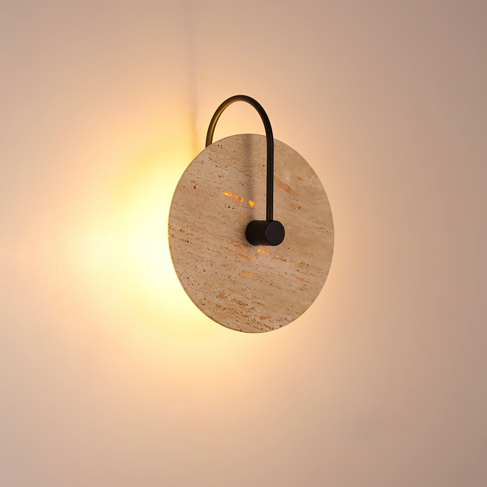 Angled backlit travertine disc with curved black arm