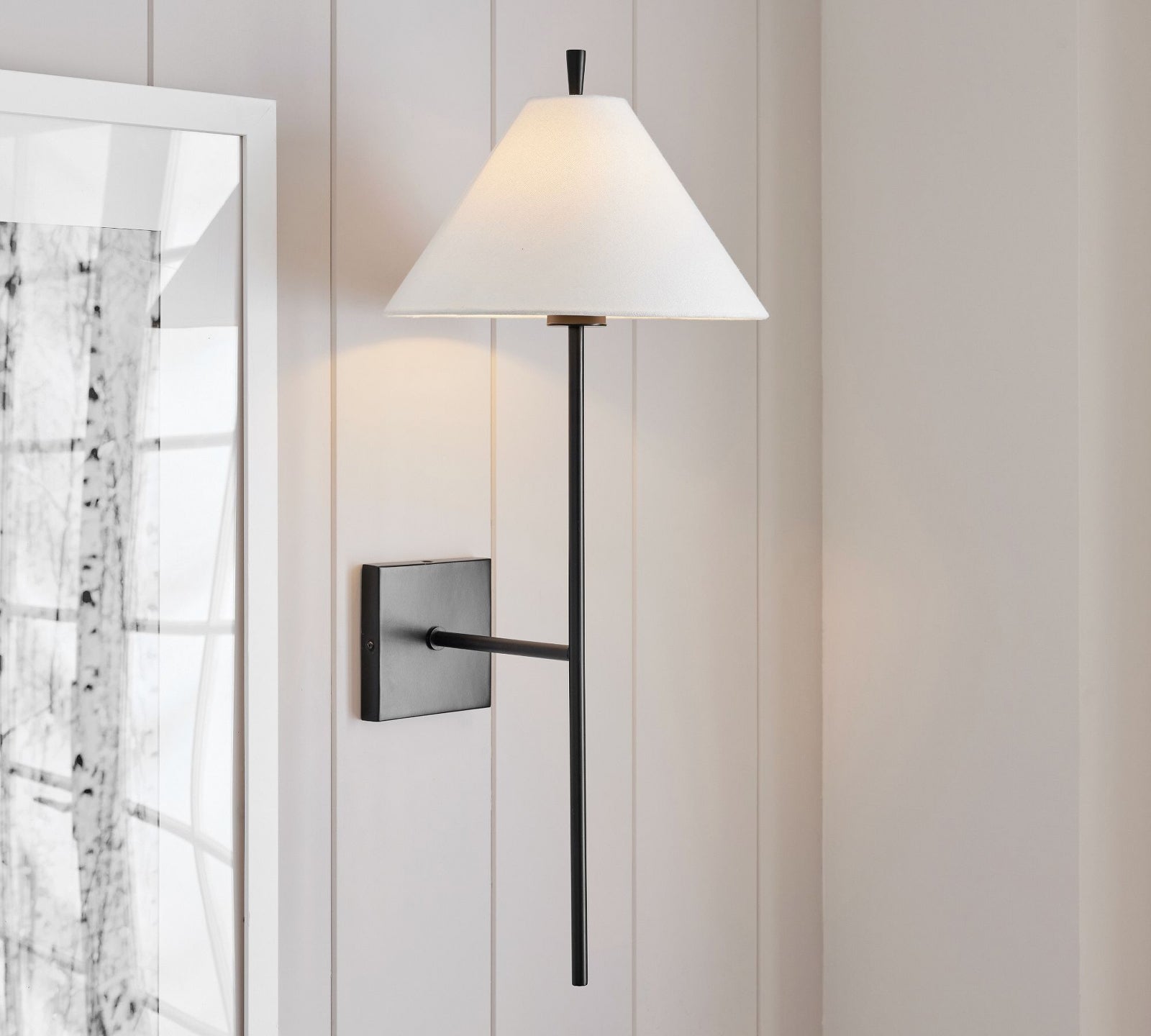 Black Ellis sconce with a square backplate and conical shade