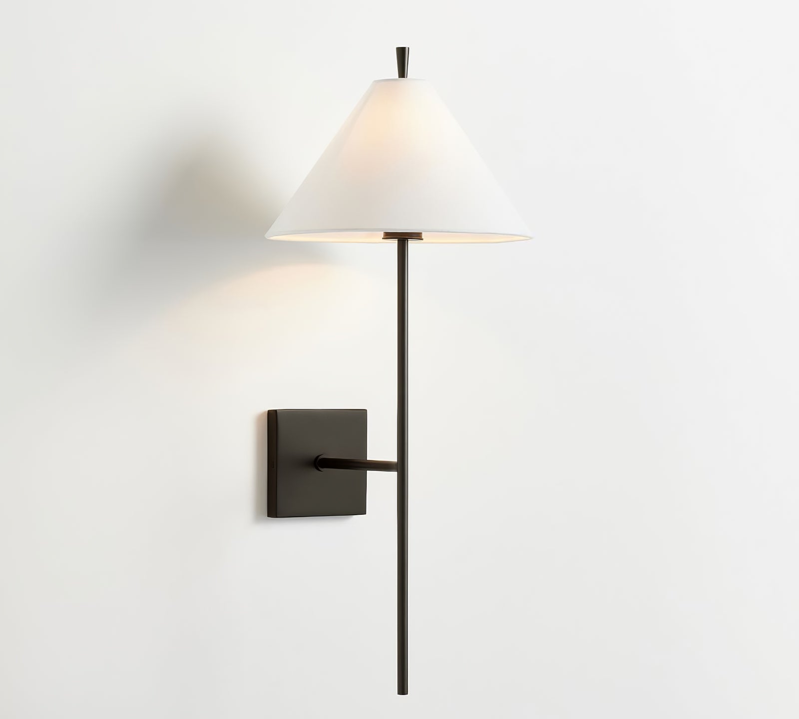Black Ellis wall light with a pale linen shade