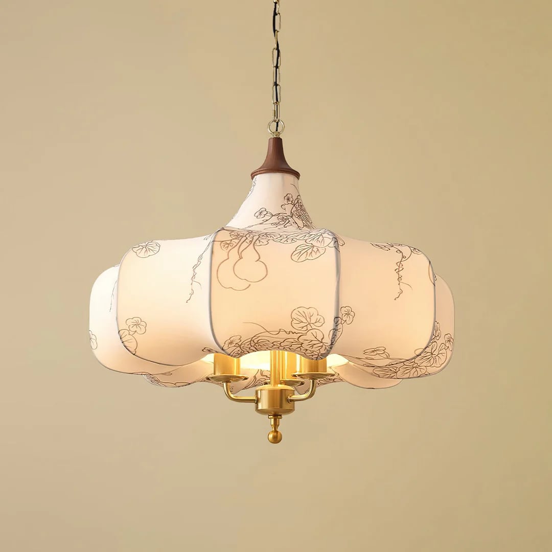 Front view of patterned Aurora Bloom pendant and gold-toned fittings