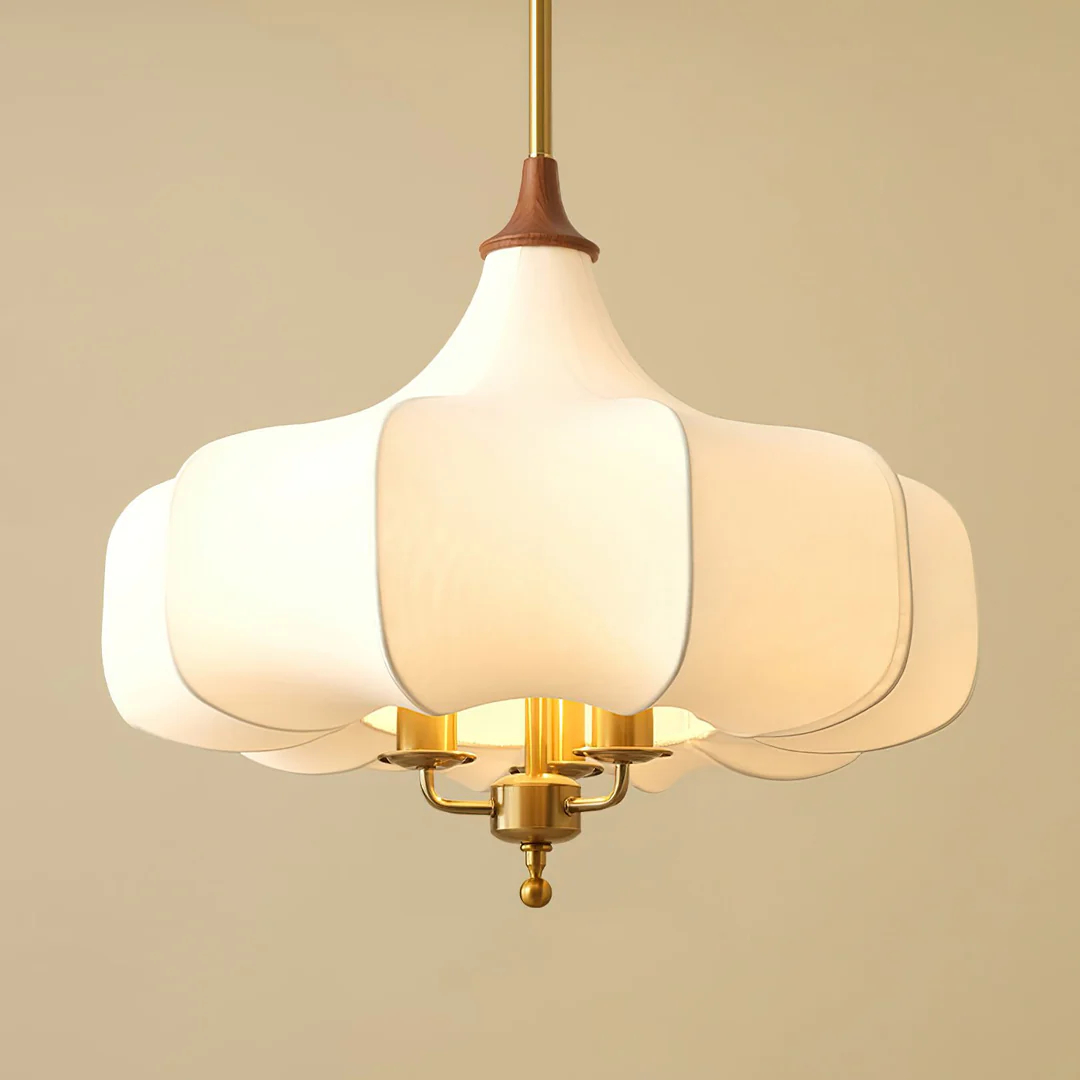 Plain fabric shade and curved panels viewed against a beige background