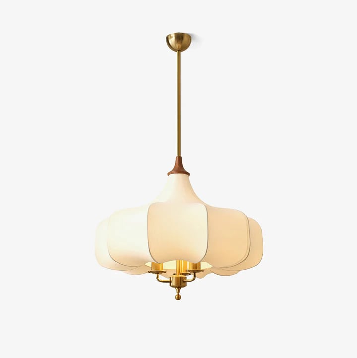 Front view of the plain white pendant with wood-coloured top and gold-toned base