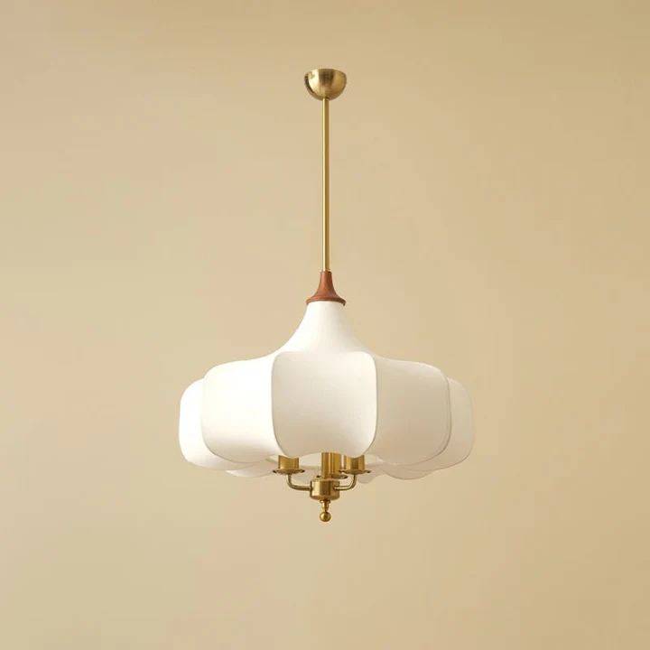 Plain layered pendant with a wood-coloured top and gold-toned lower fittings