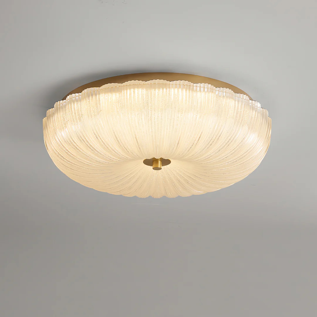 Ripple ceiling light with a shallow ribbed glass bowl, scalloped edge and gold-coloured central finial