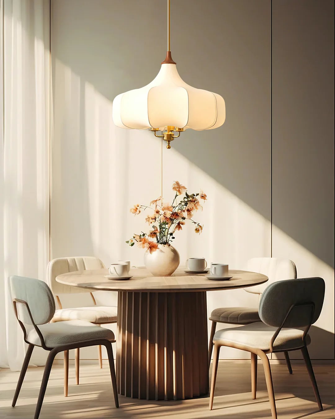 Plain layered pendant lighting a small round dining arrangement